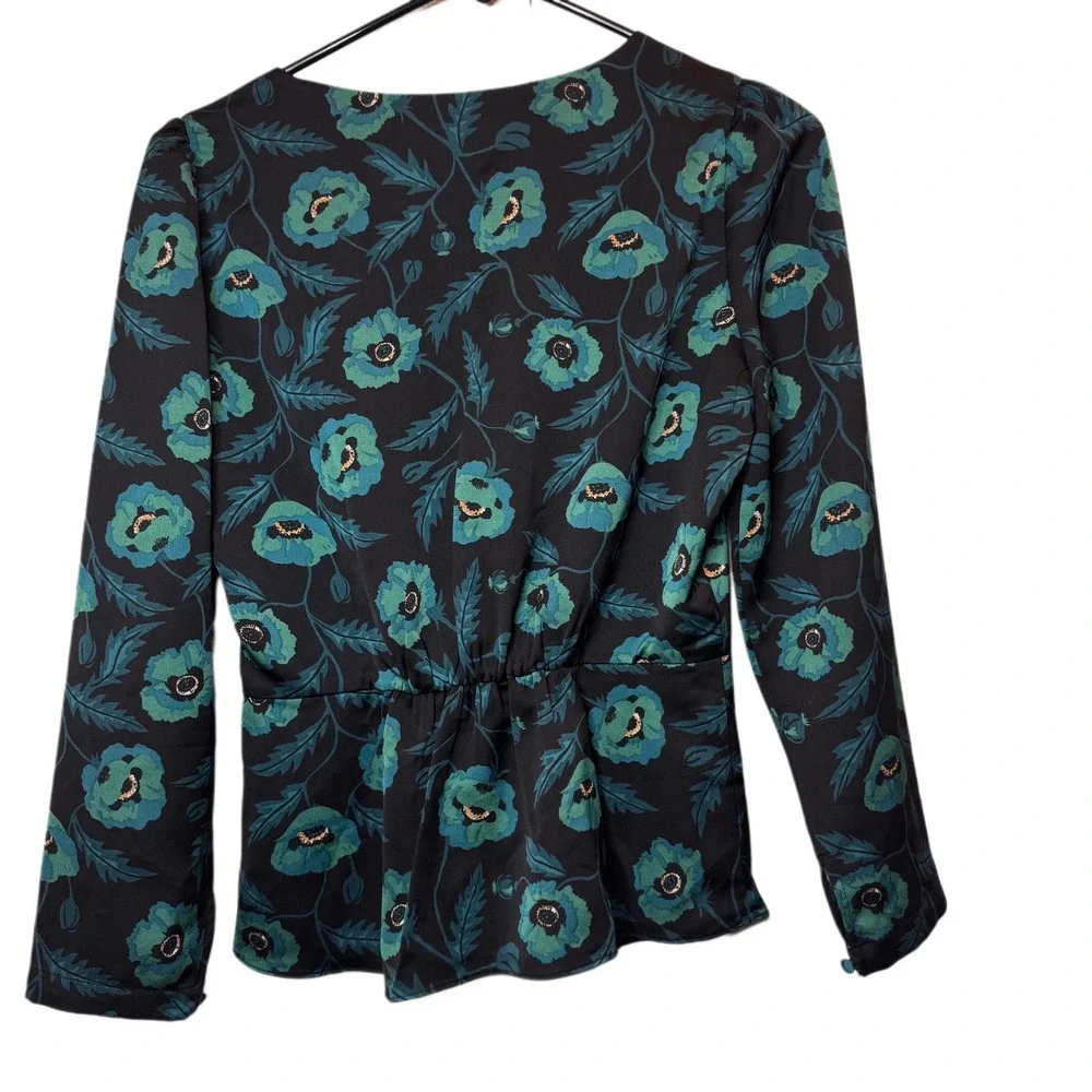 JCrew Satin Crepe Peplum Poppy Print Blouse‎ Size 00